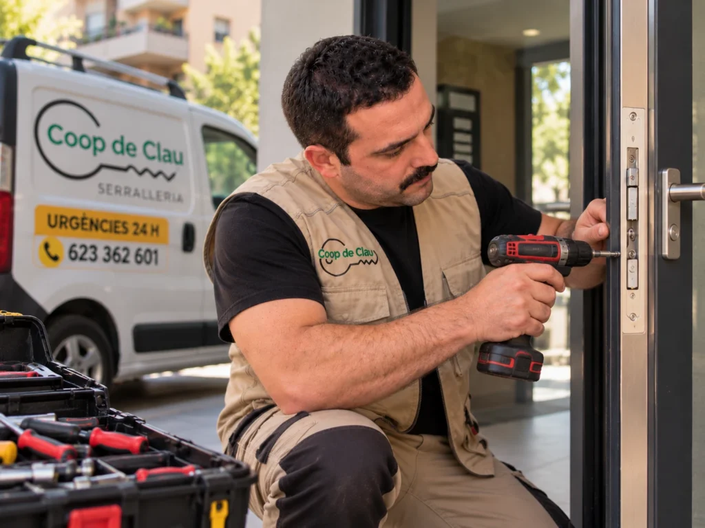 Francesc trabajando arreglando la puerta y el bombin